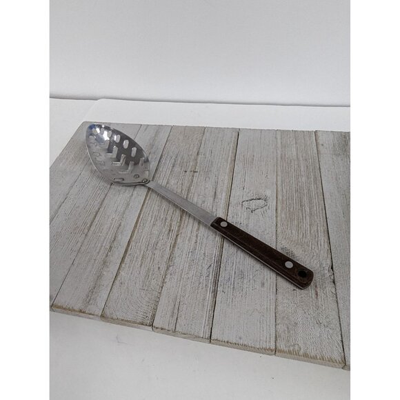 Vintage Pyramid Stainless Steel 12 1/2" Slotted Serving Spoon Red Brown Handle - Picture 1 of 8